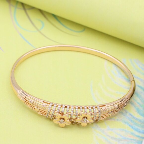 Elegant Rose Gold Bangle with Twin Floral Diamond Accents, XPBL0588 - Picture 2 of 12